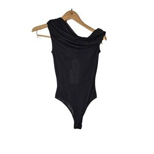 WAYF Bodysuit Womens XS Black One Shoulder Asymmetric Stretch Dressy NWT Evening
